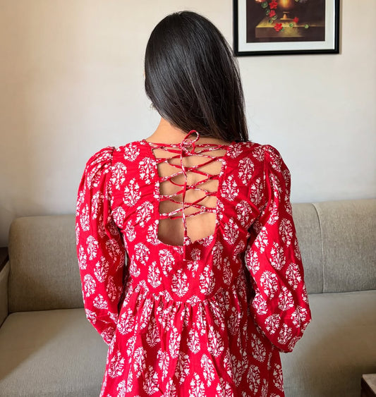 Red Handblock Printed Cotton Peplum Top with Full Sleeves