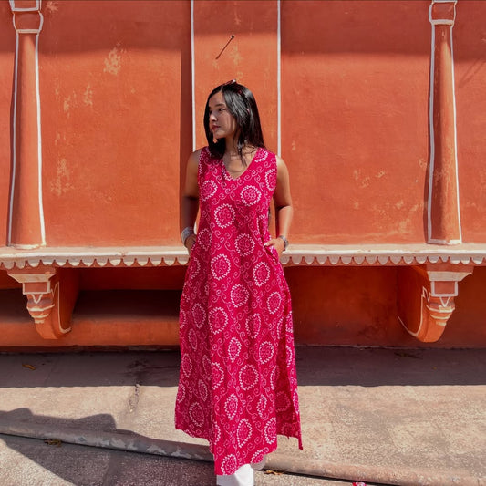 Rani Pink Sleeveless Anarkali Kurti with White Bandhani Print