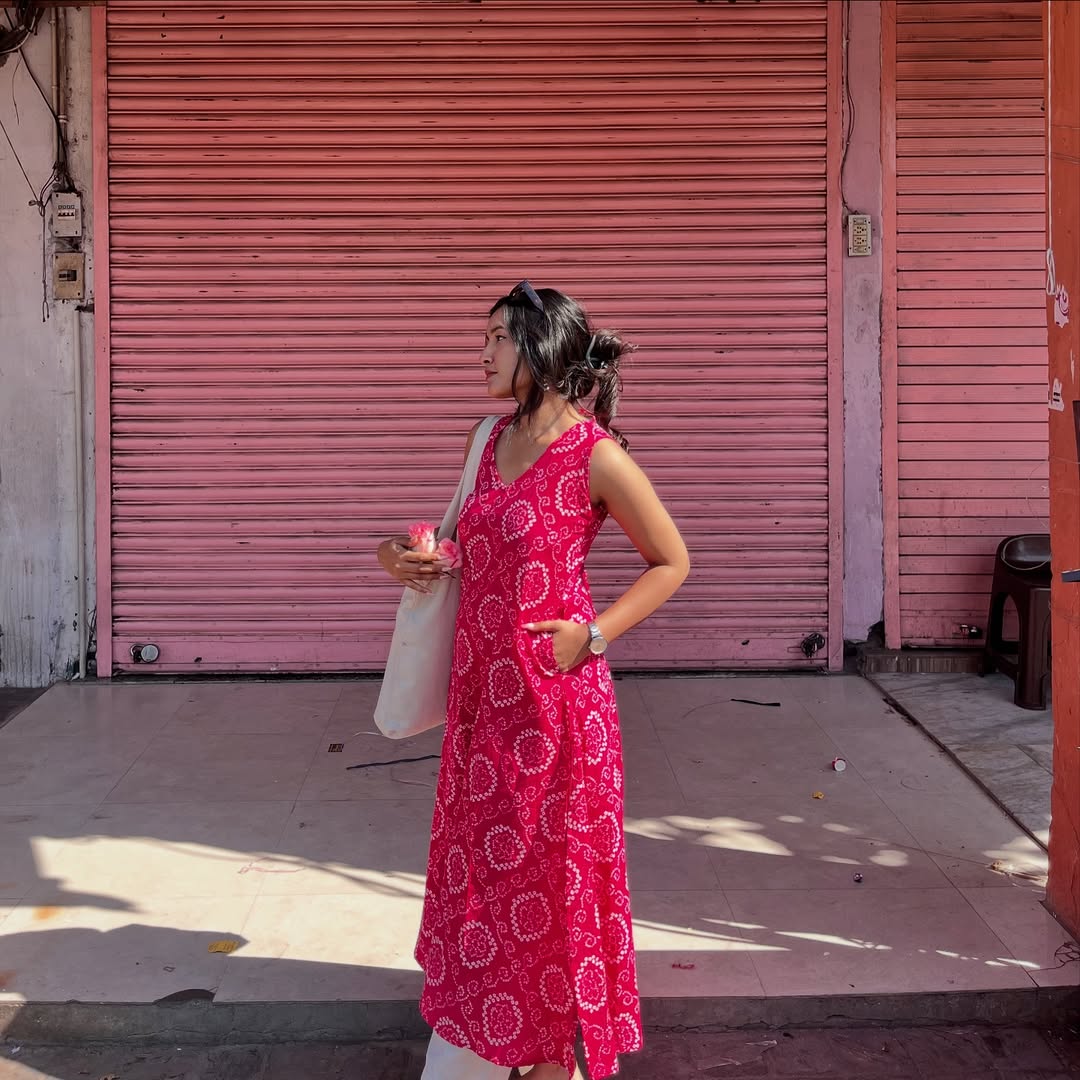 Rani Pink Sleeveless Anarkali Kurti with White Bandhani Print