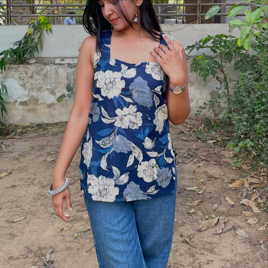 Navy Blue Sleeveless Floral Cotton Kurti with Sweetheart Neck