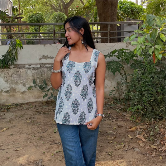 White Sleeveless Printed Cotton Kurti with Square Neck