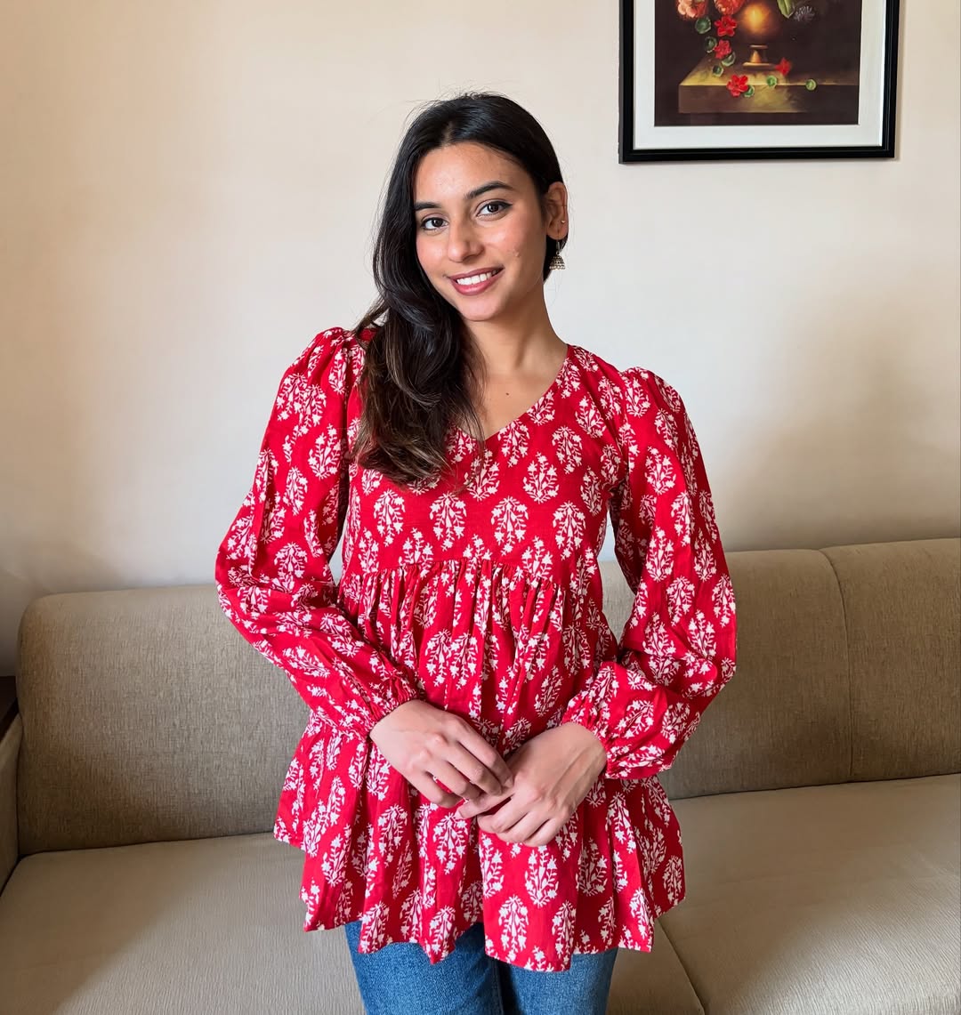 Red Handblock Printed Cotton Peplum Top with Full Sleeves