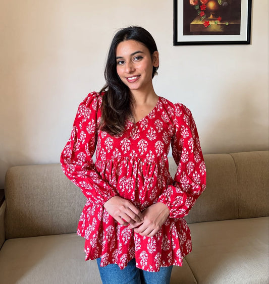 Red Handblock Printed Cotton Peplum Top with Full Sleeves