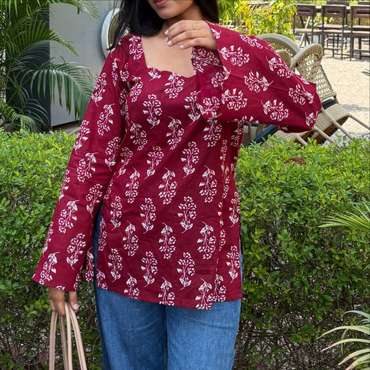 Maroon  full  sleaves Cotton Kurti with White Floral Handblock Print