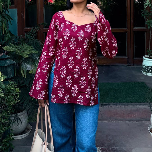 Maroon  full  sleaves Cotton Kurti with White Floral Handblock Print