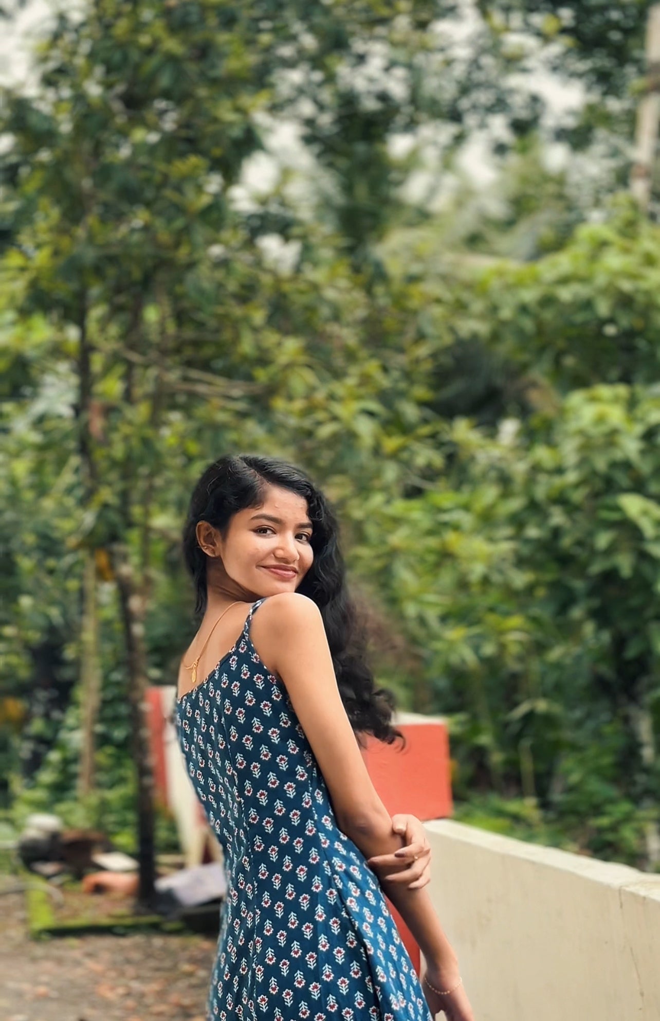Teal Blue Sleeveless Printed Cotton Kurti with Spaghetti Straps