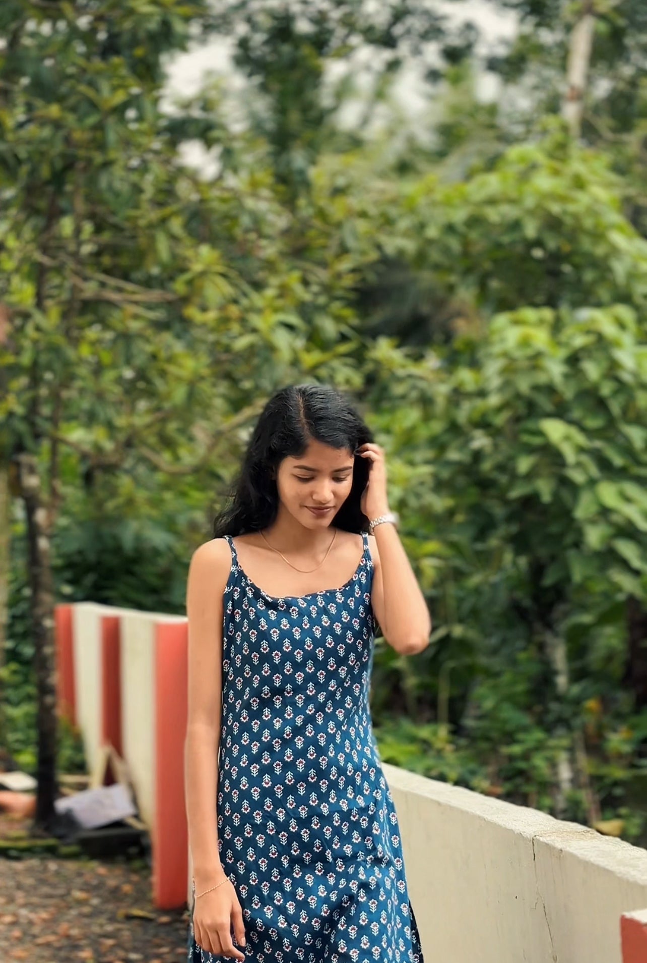Teal Blue Sleeveless Printed Cotton Kurti with Spaghetti Straps