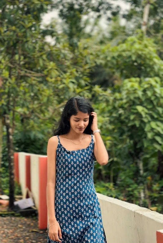 Teal Blue Sleeveless Printed Cotton Kurti with Spaghetti Straps
