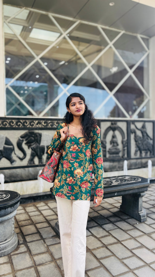 All-over floral print featuring traditional, intricate flower and leaf motifs.